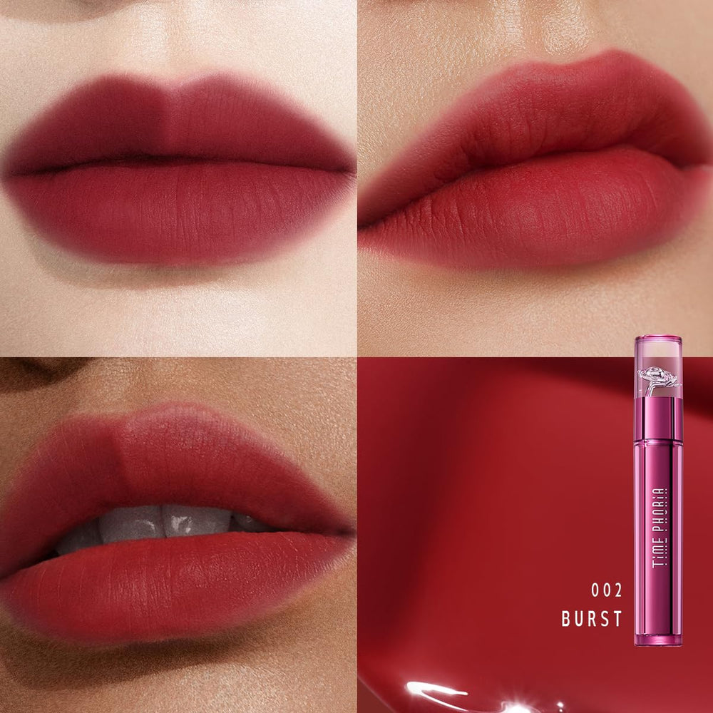 TIMEPHORIA Altera Lip Tint 002 Burst applied swatch highlights hydration and comfortable wear