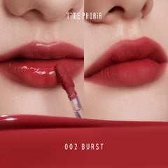 TIMEPHORIA Altera Lip Tint 002 Burst lip swatch shows glossy-to-matte transition for versatile looks