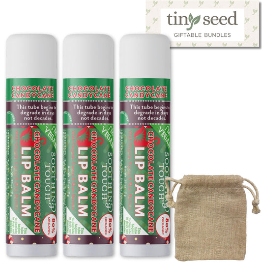 Tiny Seed Chocolate Candy Cane lip balm tube close-up for smooth lips