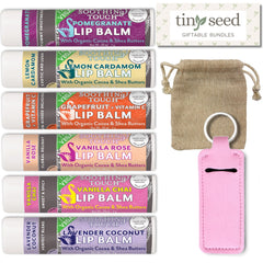 Tiny Seed vegan lip balm set with muslin pouch for easy storage and gifting