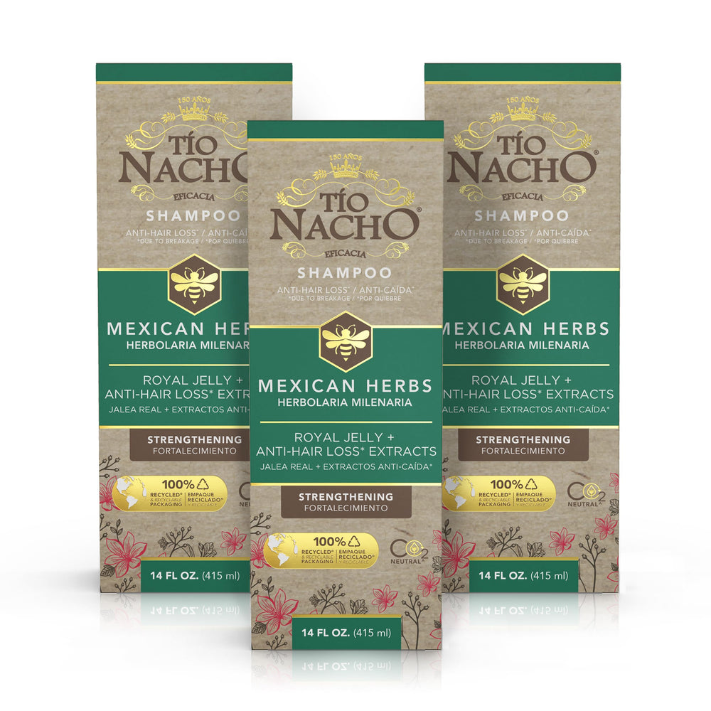 Tio Nacho anti-hair loss shampoo bottle with rosemary and royal jelly for stronger roots.