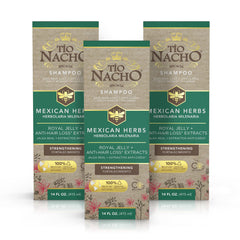 Tio Nacho anti-hair loss shampoo bottle with rosemary and royal jelly for stronger roots.