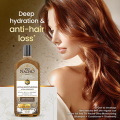 Tio Nacho trio-pack display highlighting hydration and anti-frizz benefits