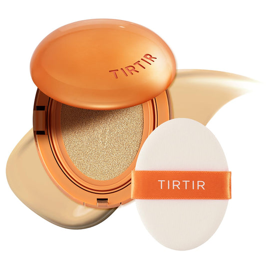 TIRTIR Mask Fit AI Filter Cushion bottle close-up showing semi-matte glow for all-day wear.