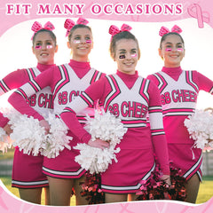 Tisancy cheering team gear display with oversized pink bows for group styling.