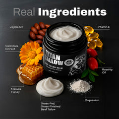 Titan Tallow hands applying balm for quick skin nourishment with non-greasy feel.