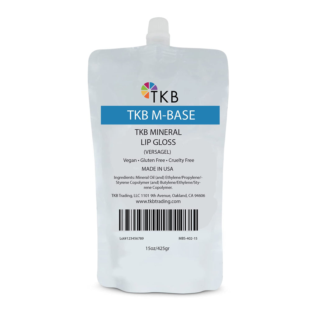 TKB Mineral Lip Gloss M-Base bottle pour shows a crystal-clear base for easy gloss creation.
