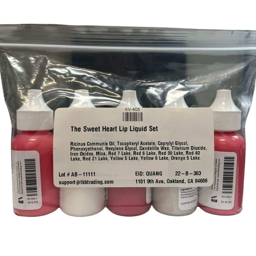 TKB Sweet Heart Lip Liquid Set includes vegan, gluten-free pigments for clean beauty routines.