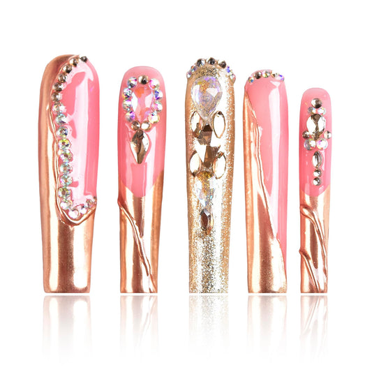 Tmani extra-long square press-on nails with crystal glitter for glamorous manicure