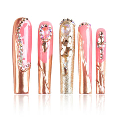 Tmani extra-long square press-on nails with crystal glitter for glamorous manicure