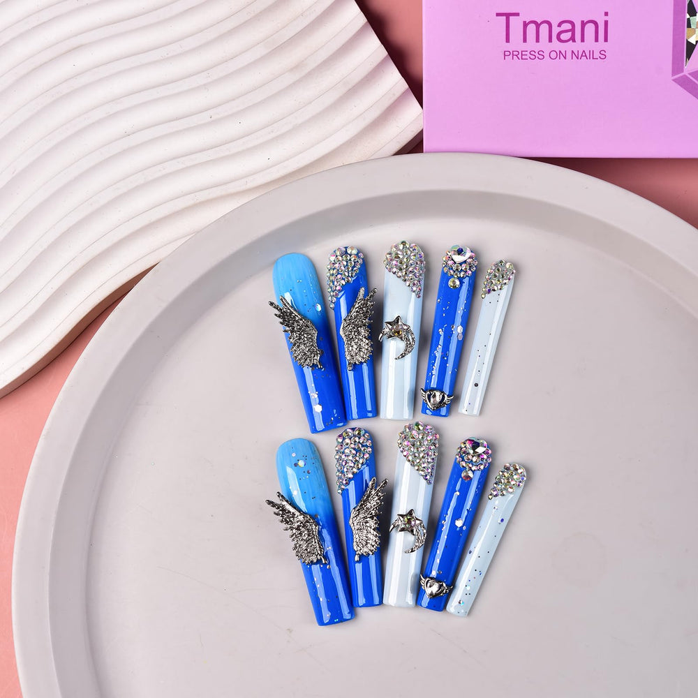 Tmani handmade square nails show salon-quality craftsmanship at home.