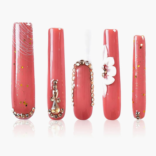 Tmani long square nails with crystal glitter for a glamorous party look
