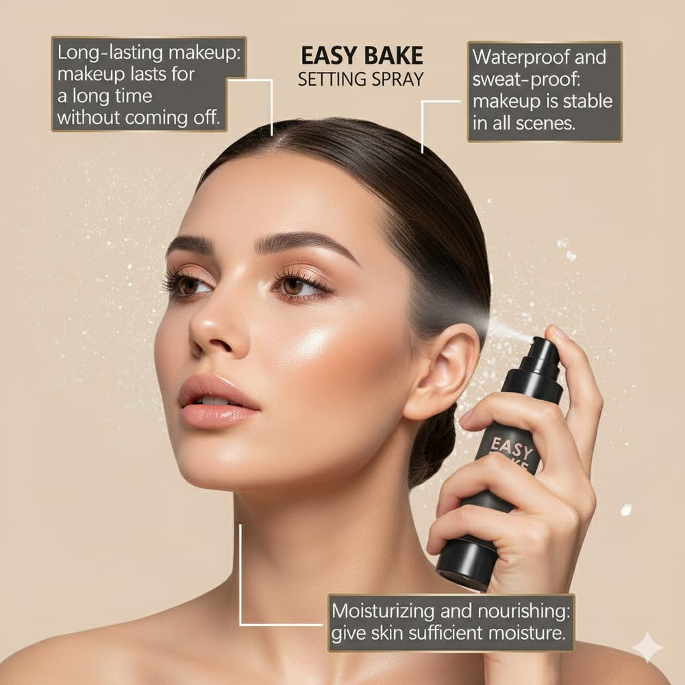 Close-up of TMIYO Easy Bake Setting Spray delivering up to 16 hours of makeup hold.