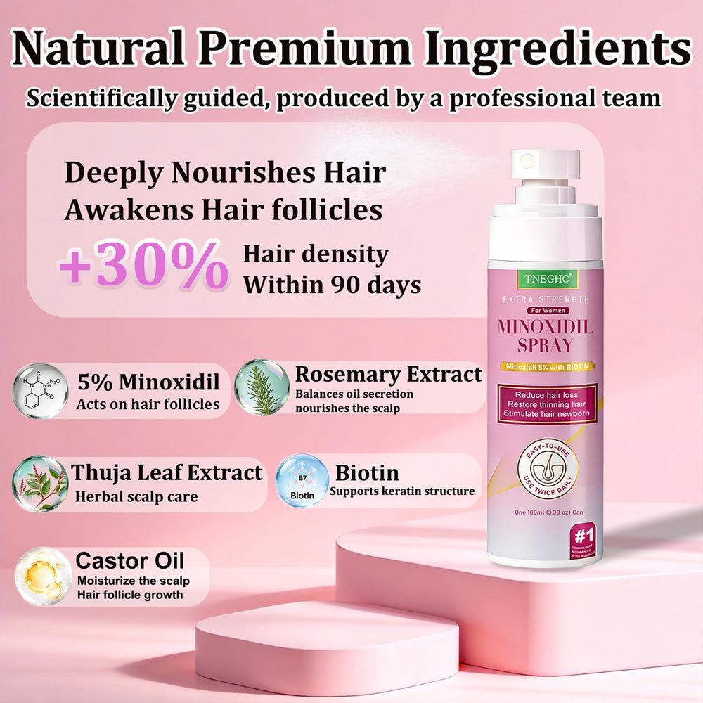 TNEGHC Minoxidil spray applied on scalp for even coverage and potential hair regrowth support.
