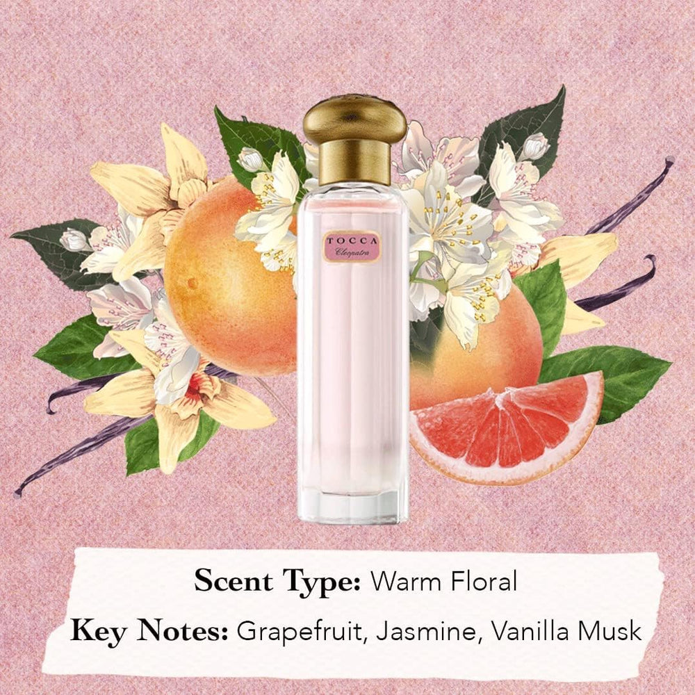 TOCCA Cleopatra spray application shows even mist with lasting warmth on skin.