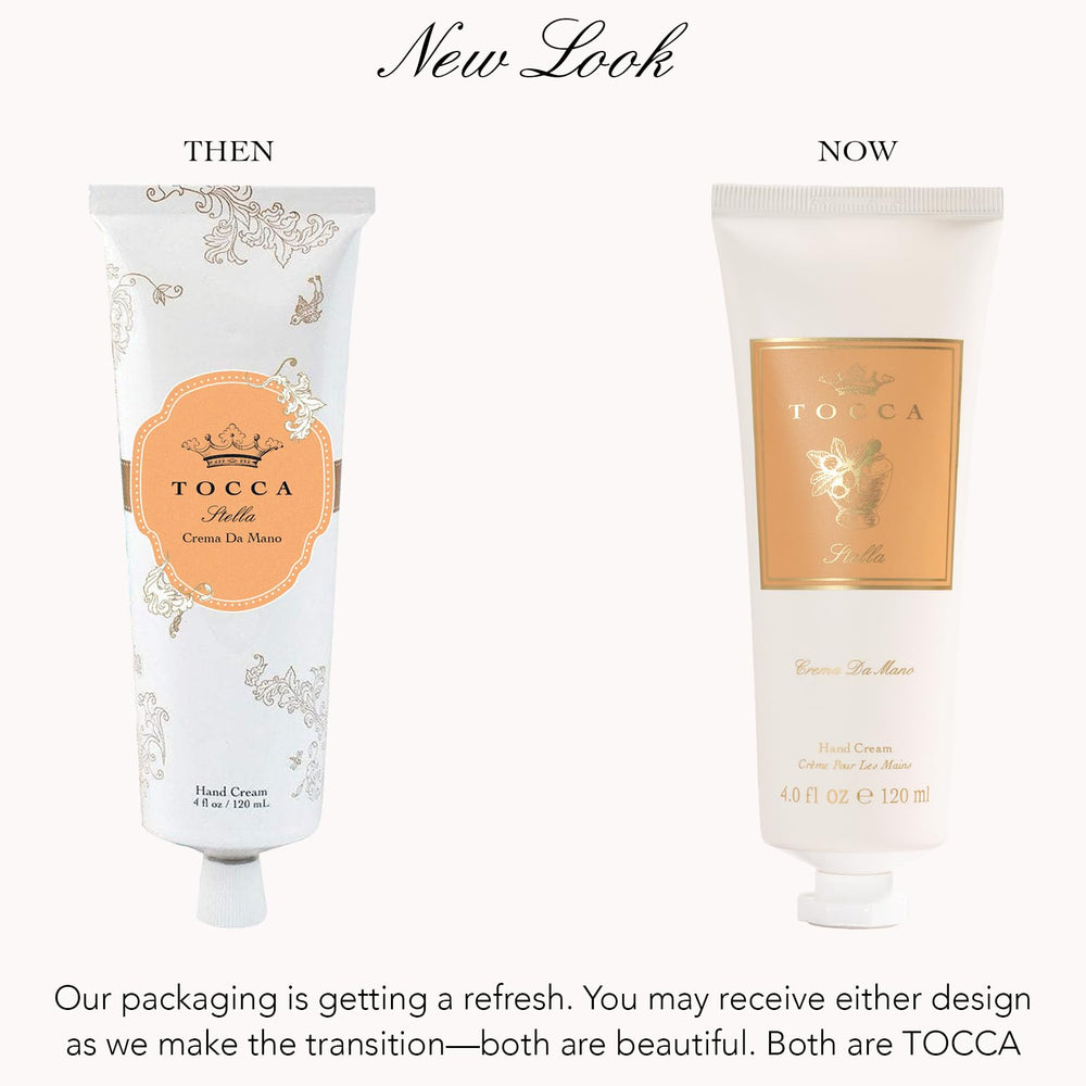 TOCCA Stella hand cream applying texture demonstrates quick absorption on skin.