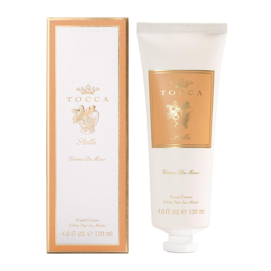 TOCCA Stella hand cream packaging showcases luxury design for gifting and daily use.