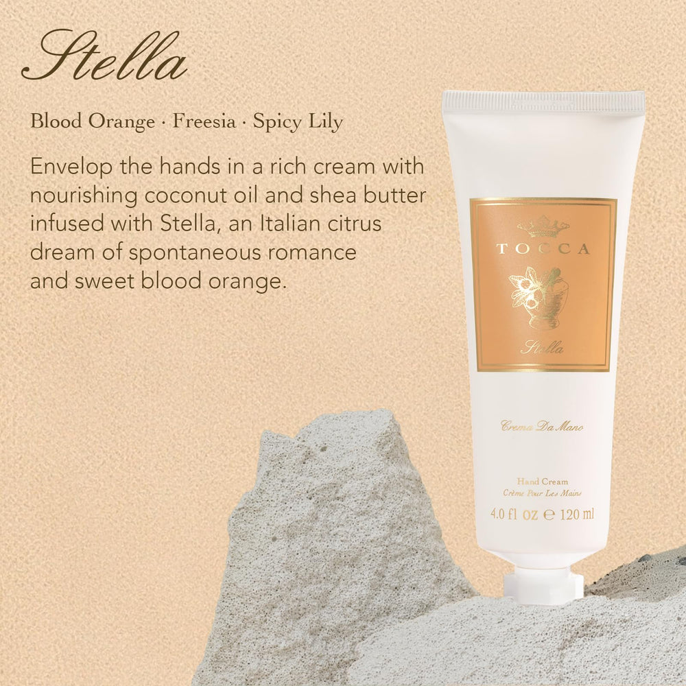 TOCCA Stella hand cream texture closeup highlights rich, silky formula.