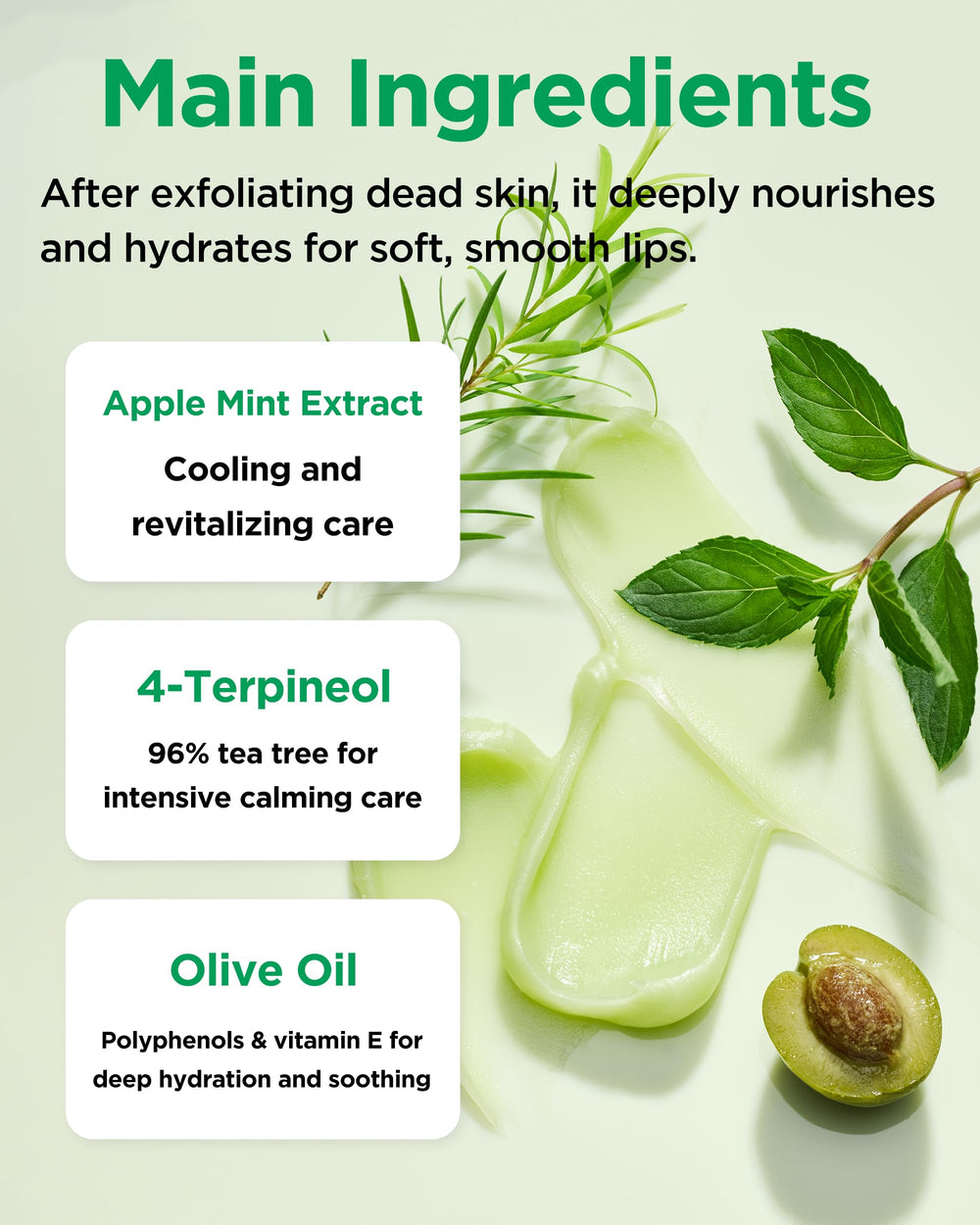 TOCOBO Mint Cooling Lip Mask olive oil hydration for deep lip moisture.