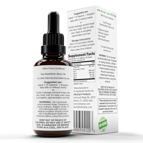 TODICAMP Sea Buckthorn Oil amber bottle close-up highlighting natural color and purity.