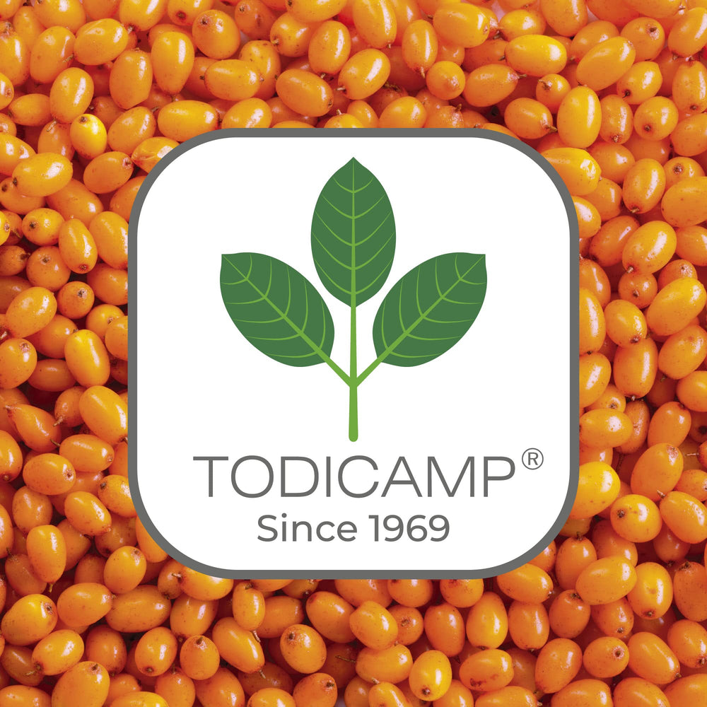 TODICAMP Sea Buckthorn Oil bottle with citrus and greens suggesting freshness and wellness.