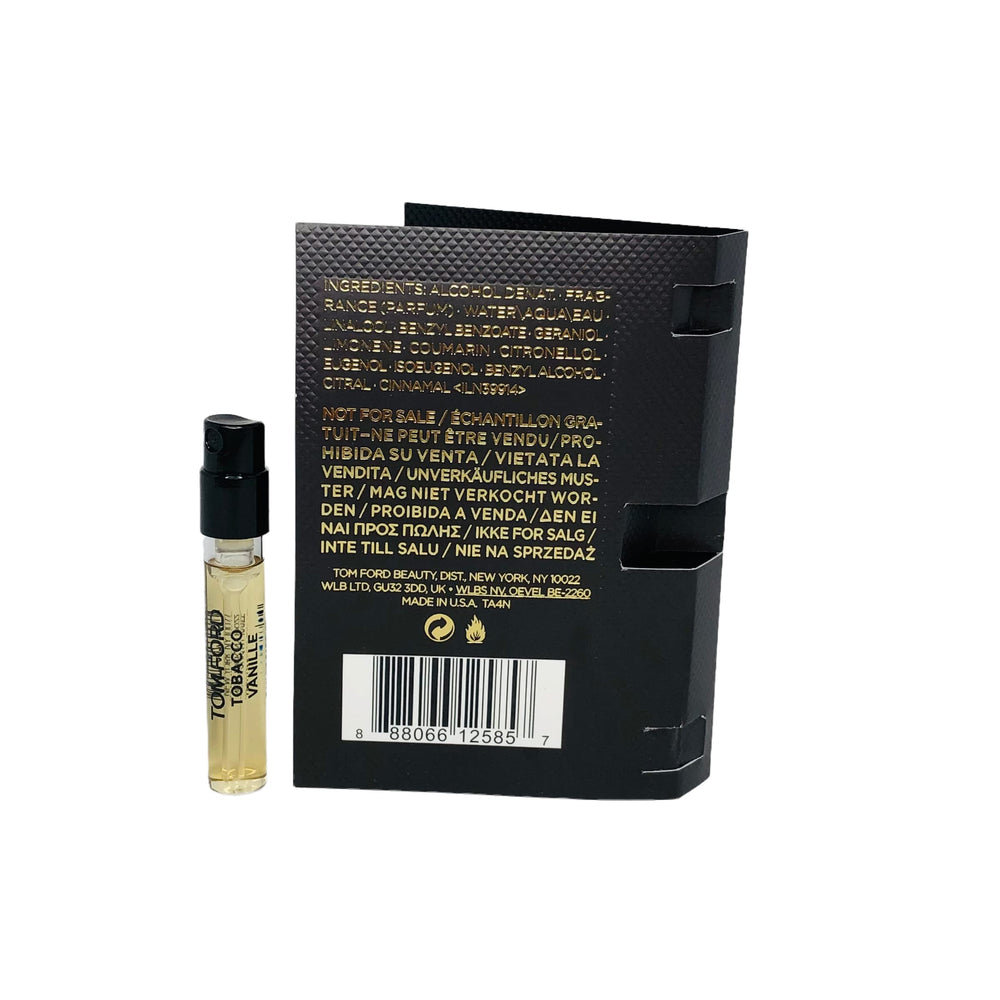 Tom Ford Tobacco Vanille EDP sample vial, features vanilla-tonka-cocoa notes for evenings.