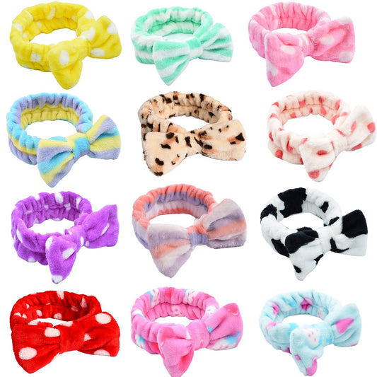 Tomolucky Direct coral fleece spa headband with a soft bow for makeup.