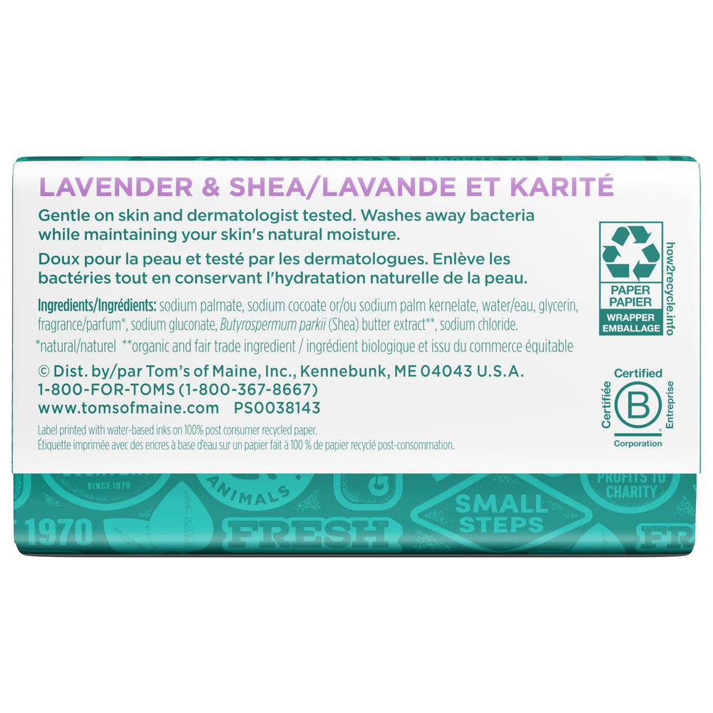 Tom's of Maine Lavender & Shea bar for daily cleanse.