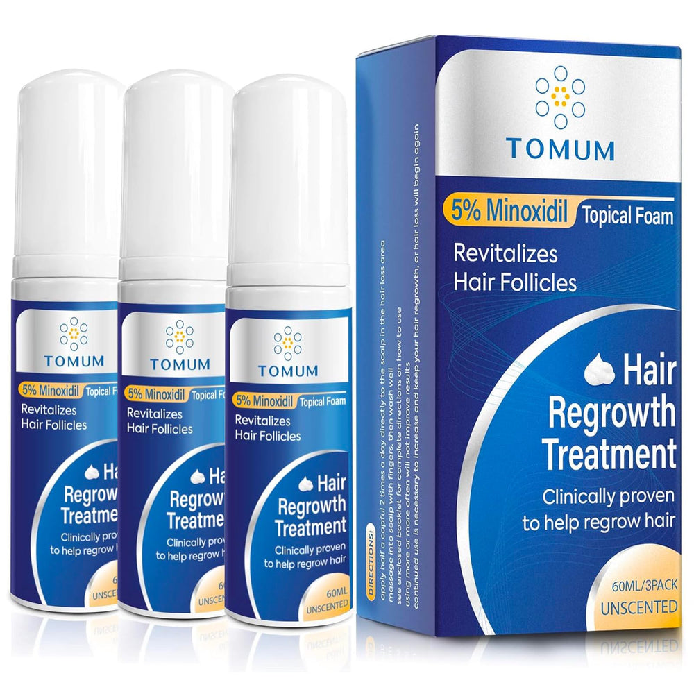 TOMUM 5% Minoxidil Foam bottle and pump for daily scalp treatment
