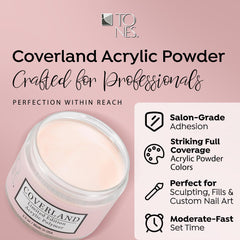 TONES Coverland cruelty-free Peachy Nude label on bottle signals ethical nail options.