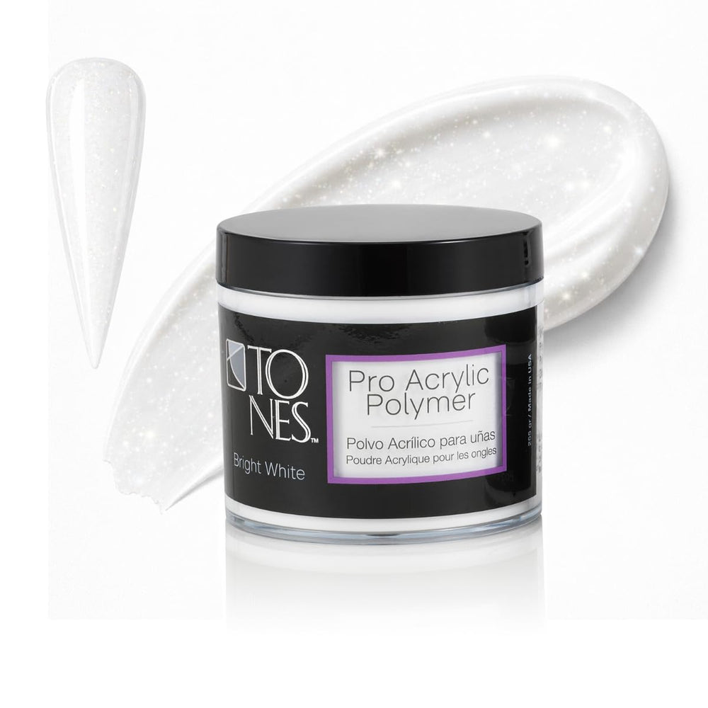TONES Pro acrylic nail powder Sparkling White bottle for salon-quality color.