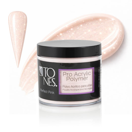 TONES Ultra Acrylic Powder Perfect Pink bottle shows easy coverage for bold nail art.