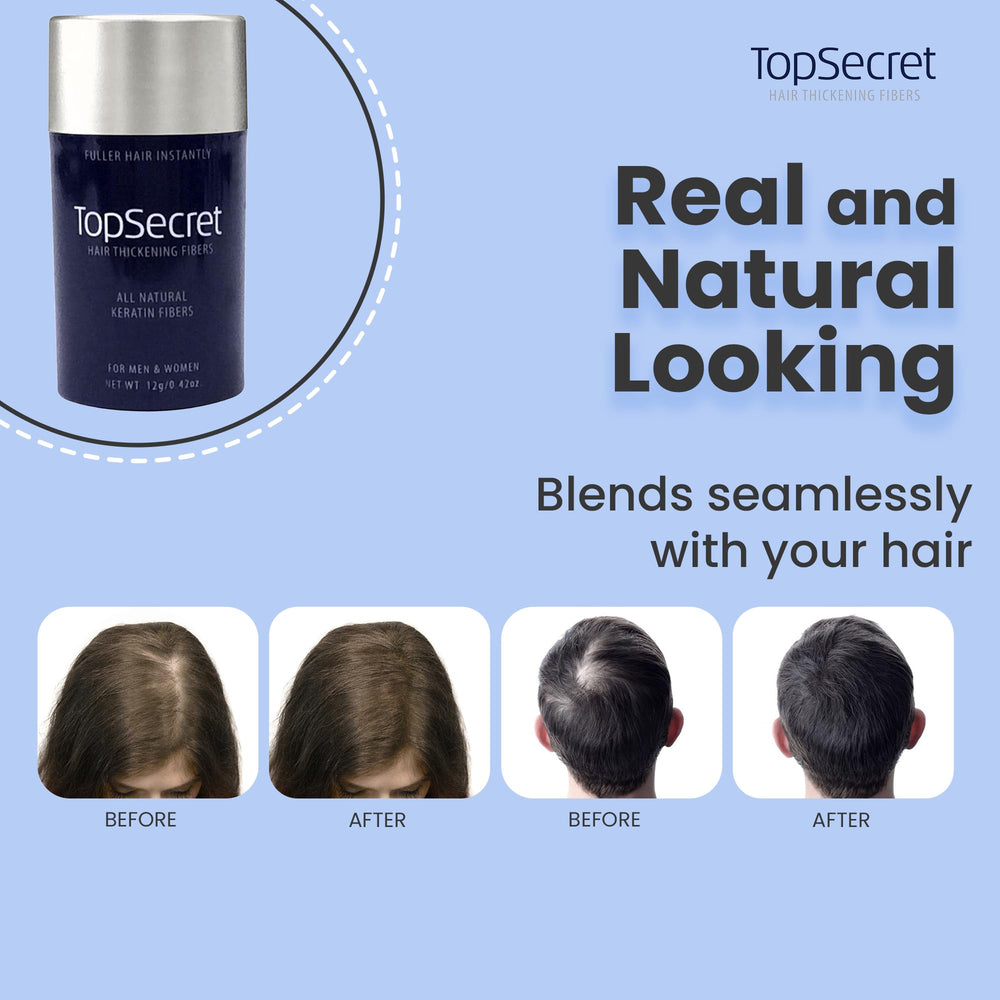 Top Secret Hair Building Fibers refill jar closeup highlights natural-looking fibers blending