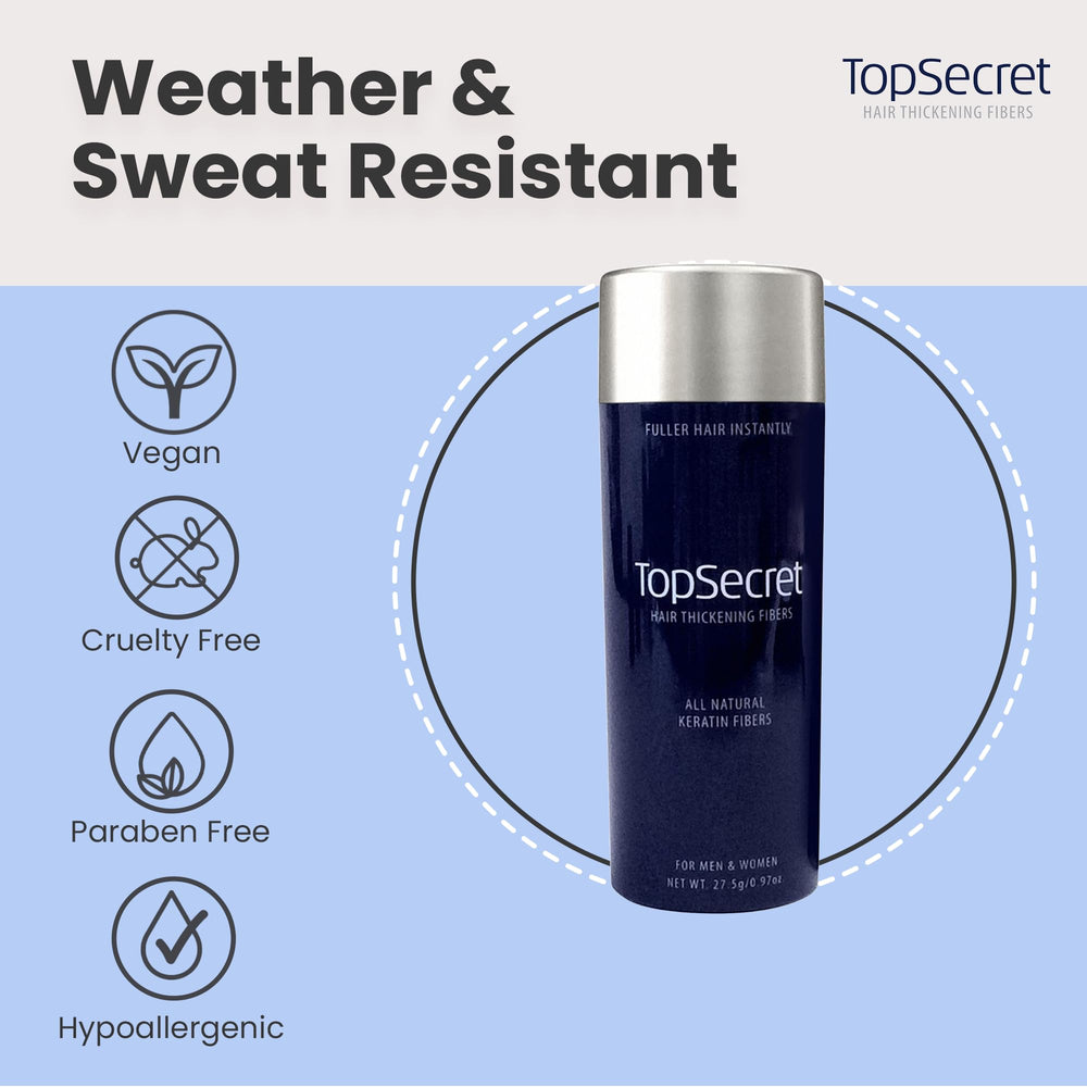 Top Secret Hair Building Fibers refill travel bag pictured for on-the-go touch-ups