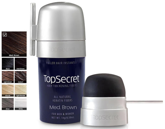 Top Secret hair fibers jar close-up for instant fuller look.