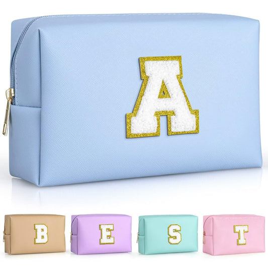 TOPEAST personalized initial pouch front view, stylish travel cosmetic bag