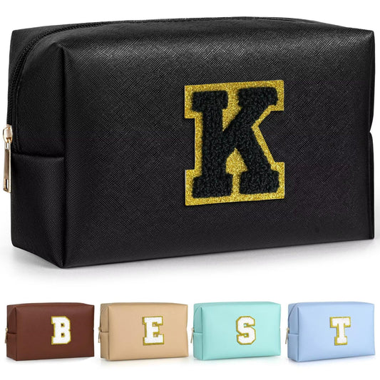TOPEAST Initial Cosmetic Bag front view in black; compact travel companion.