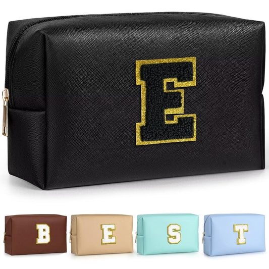 TOPEAST monogram makeup bag with gold chenille patch for personalized style and touch