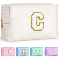 TOPEAST preppy makeup bag with gold patch for personalized style and skin-friendly comfort.