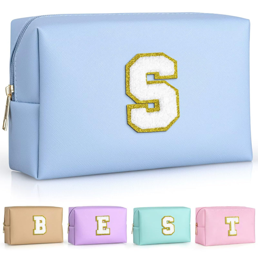 TOPEAST Sky Blue makeup bag front view, waterproof PU leather protects cosmetics on the go.