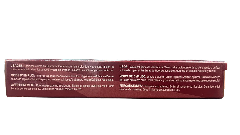 Topiclear Cocoa Butter Cream ingredients label highlights cacao butter and botanicals