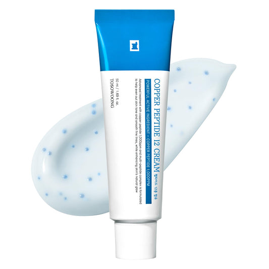 TOSOWOONG Copper Peptide 12 Cream jar showcases premium anti-aging formula for firmer, smoother skin.
