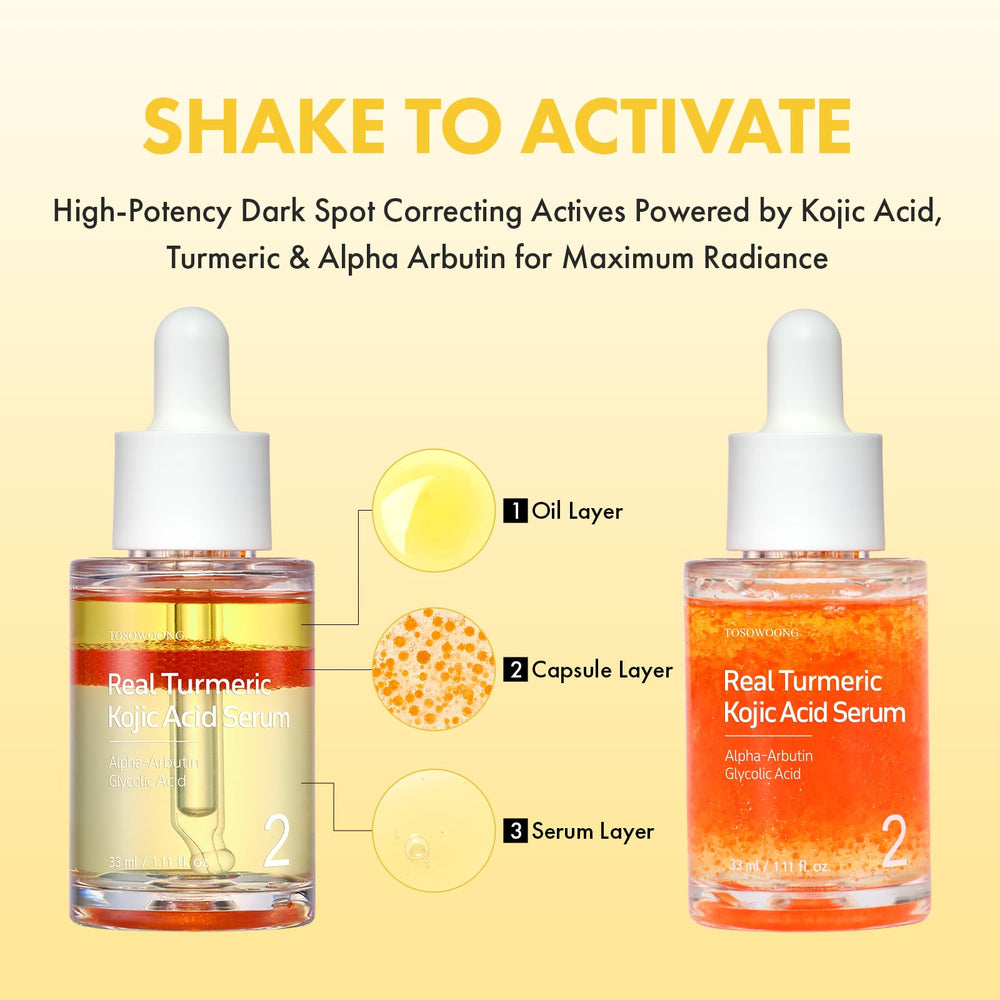 Tosowoong serum ingredients graphics show kojic and turmeric synergy for clarity