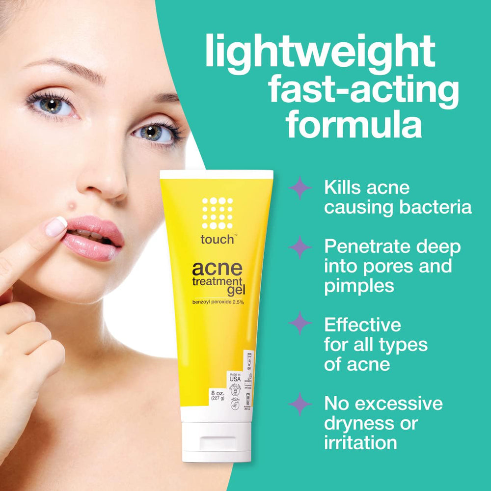 Closeup of Touch Benzoyl Peroxide 2.5% gel jar showing lightweight formula.