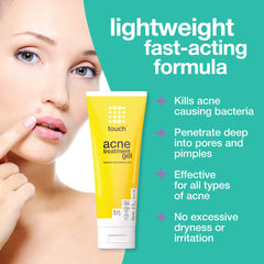 Closeup of Touch Benzoyl Peroxide 2.5% gel jar showing lightweight formula.
