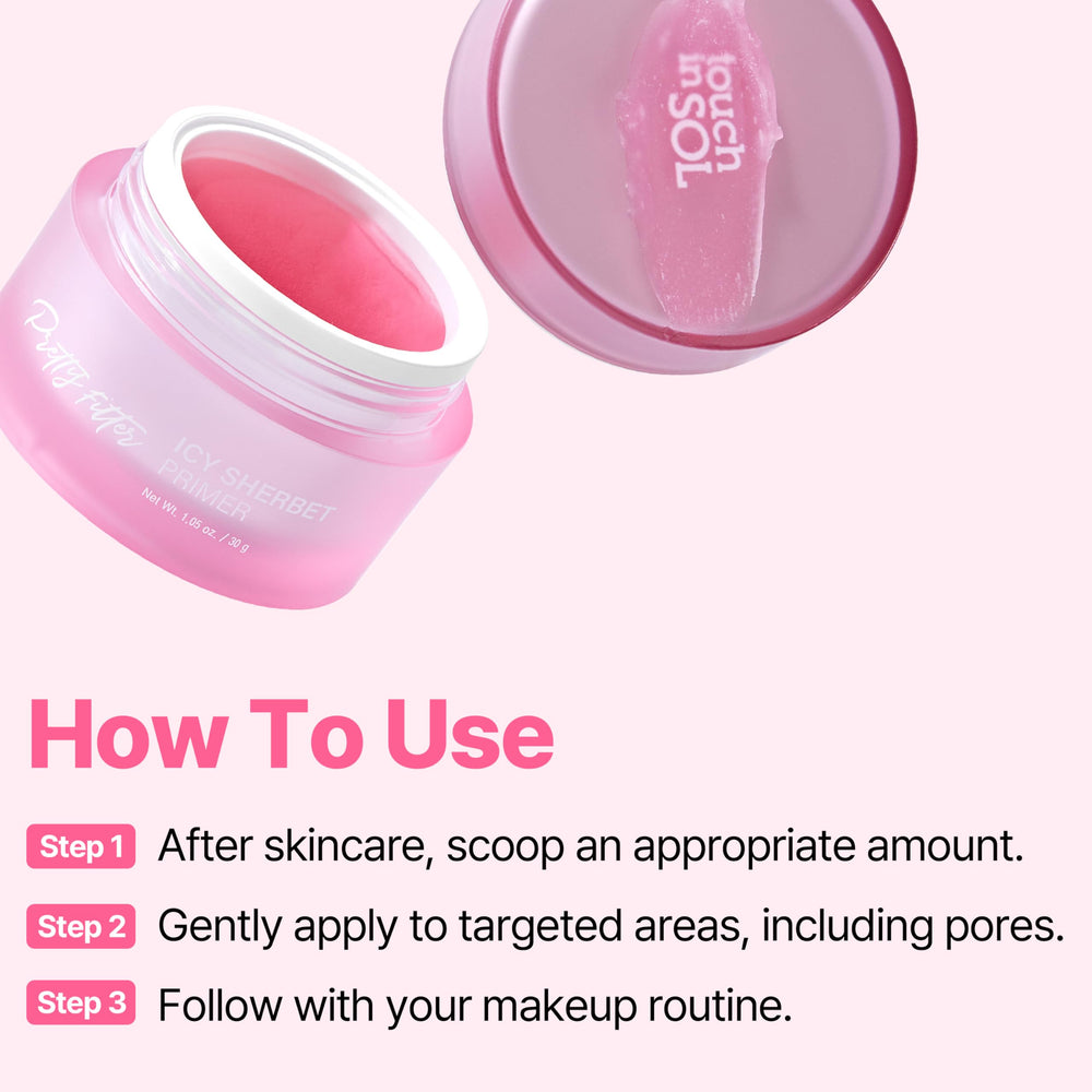 Touch in Sol Icy Sherbet Primer hydrates skin with cocoa and peony extracts.