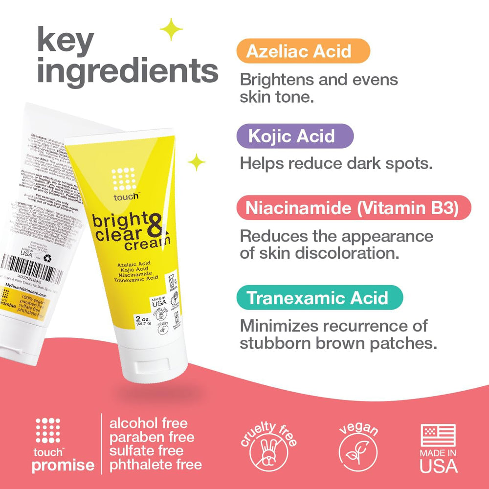 TOUCH Radiance Cream label reveals niacinamide and kojic-acid actives for even-toned skincare.