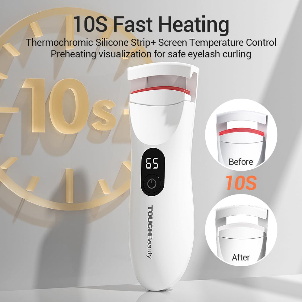 TOUCHBeauty heated eyelash curler shows three temperature settings for customization