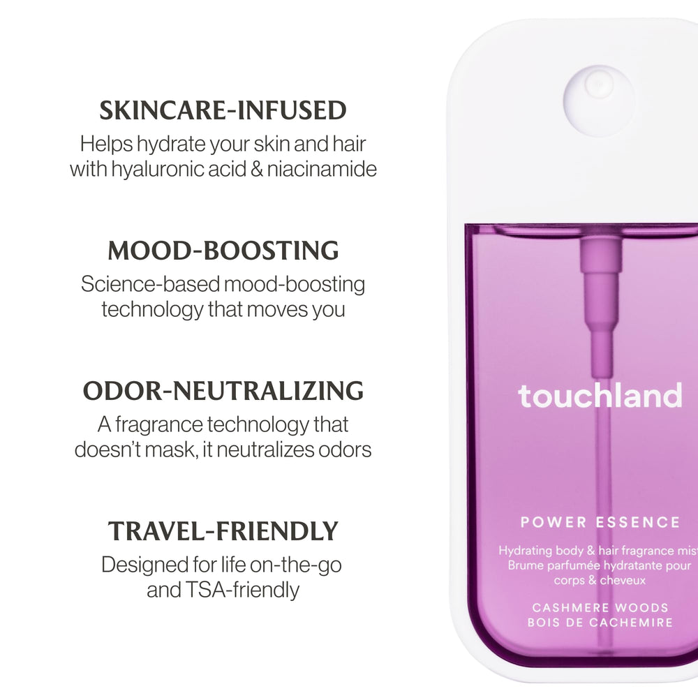 Touchland Cashmere Woods mist applying on body and hair for hydration