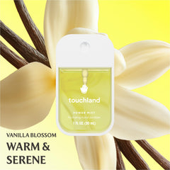 Touchland Vanilla Blossom Hand Sanitizer spray bottle, fast-absorbing hydration anywhere.